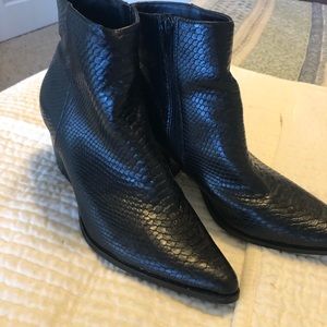 Black leather reptile skin heeled booties